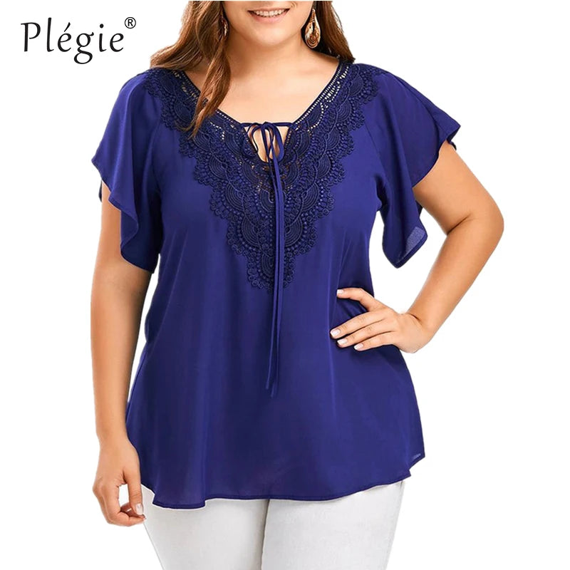 Plegie Large Size Lace Patchwork Shirt Womens Tops and Blouses Short Sleeve Big Size Blusas Femininas Blusas Mujer De Moda 2022