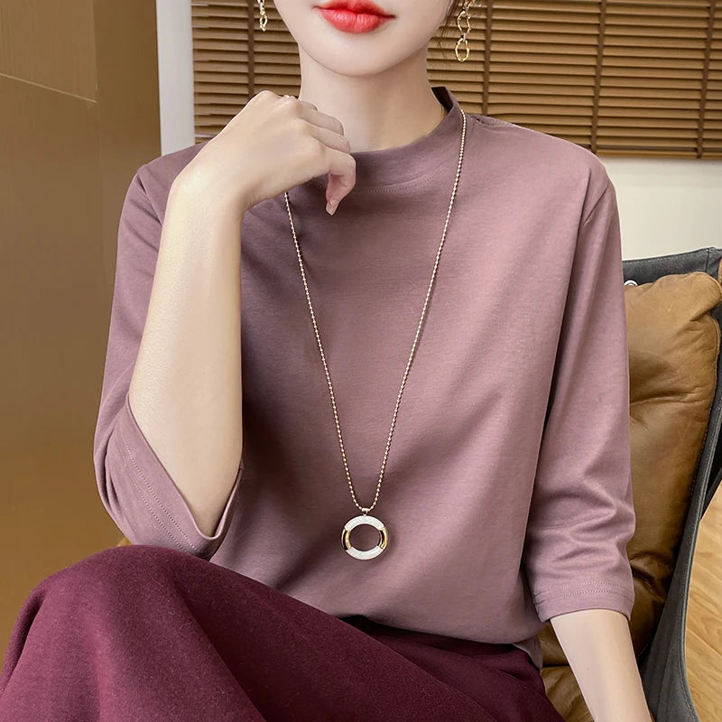 Summer And Autumn New 100% Cotton T-shirt Women's Semi-High-Necked Cropped Sleeves Loose Solid Color Bottoming Top
