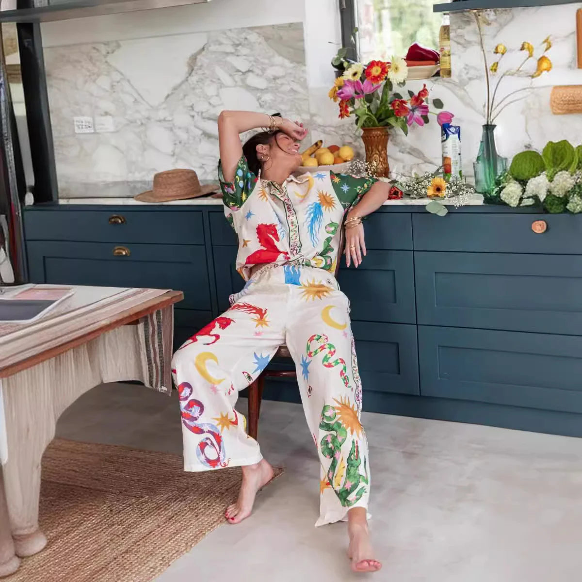 Conjunto Feminino de Camisa e Calça Estampa Digital - Sharon Stone