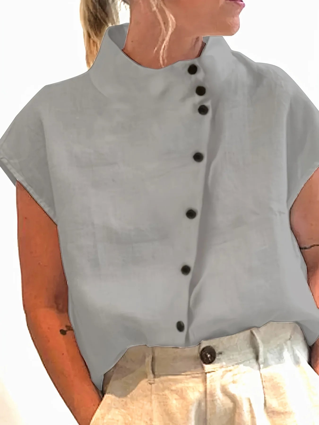 Summer Cotton Short Sleeve Blouse Women 2025 Fashion Button Stand Collar Loose Shirts And Blouses Tops Casual