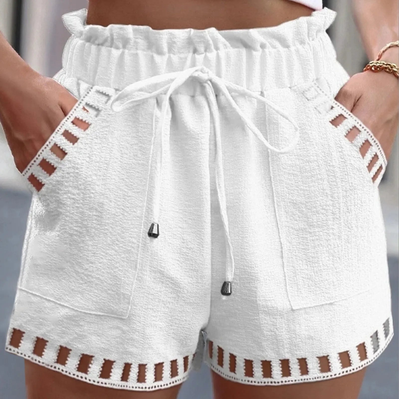 Cotton Linen Shorts Women'S Pants Solid Color Thin Hollow Out Design Trim Pocket Tight Waist Shorts Beachwear White Clothes