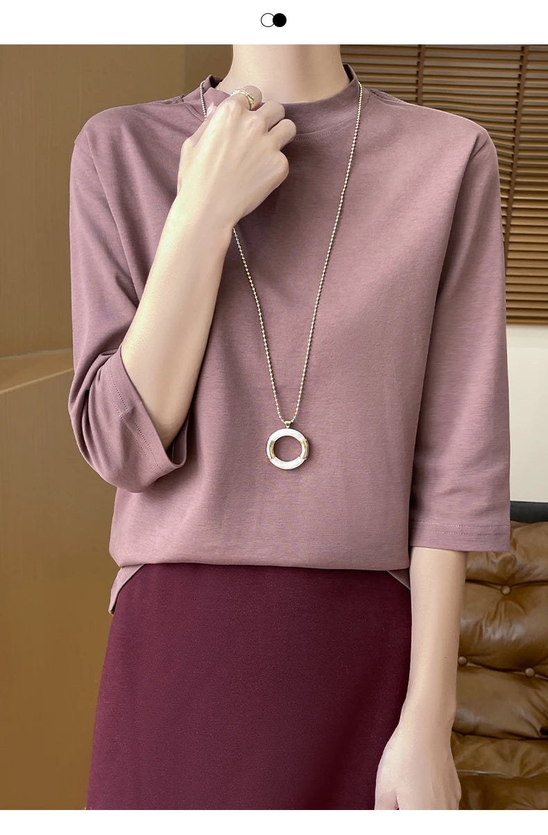 Summer And Autumn New 100% Cotton T-shirt Women's Semi-High-Necked Cropped Sleeves Loose Solid Color Bottoming Top