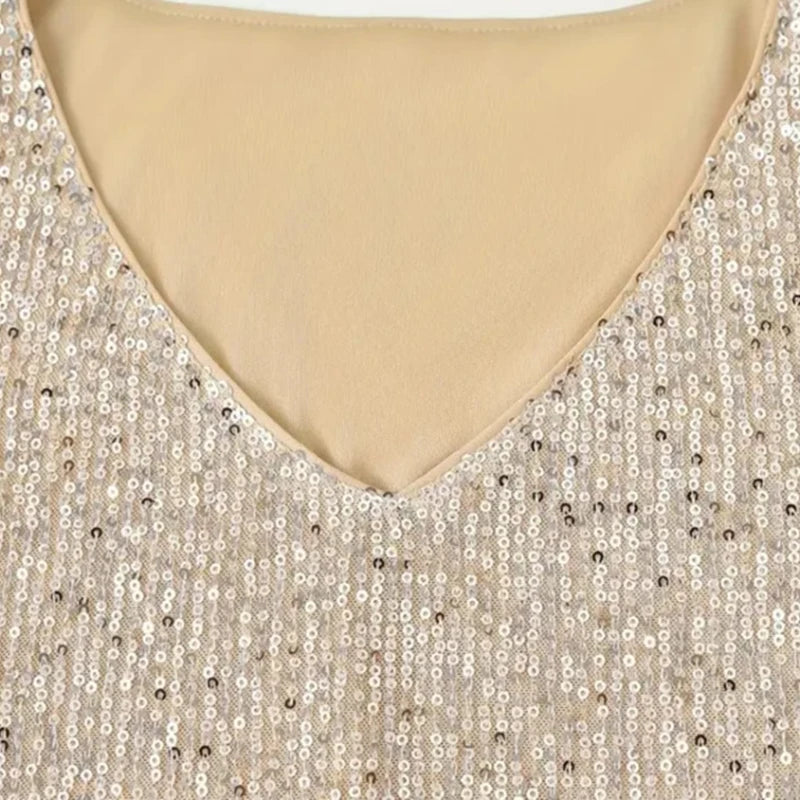 Women‘s Summer Fashion Deep V Neck Sequined Tank Top Stylish Sleeveless Polyester Top Sparkly Club Party Vest Blouses