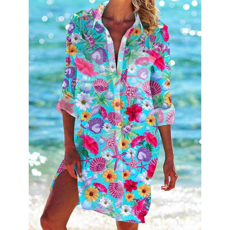 Starfish Conch Fish 3D Print Beach Blouses Women Long Sleeve Mid-length Shirts Buttons Blusas Pocket Tops Blouse Woman Clothing