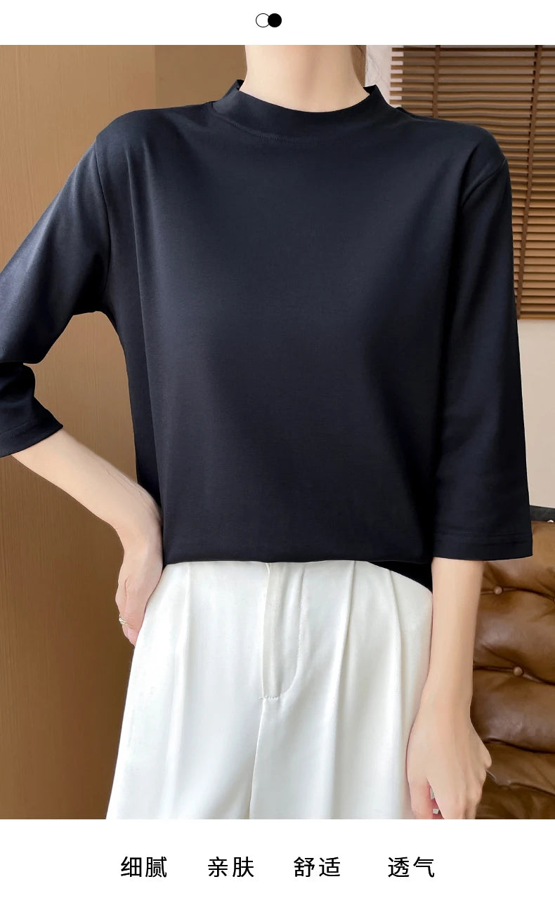 Summer And Autumn New 100% Cotton T-shirt Women's Semi-High-Necked Cropped Sleeves Loose Solid Color Bottoming Top