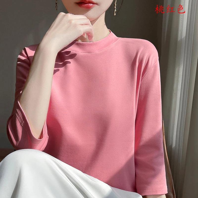 Summer And Autumn New 100% Cotton T-shirt Women's Semi-High-Necked Cropped Sleeves Loose Solid Color Bottoming Top