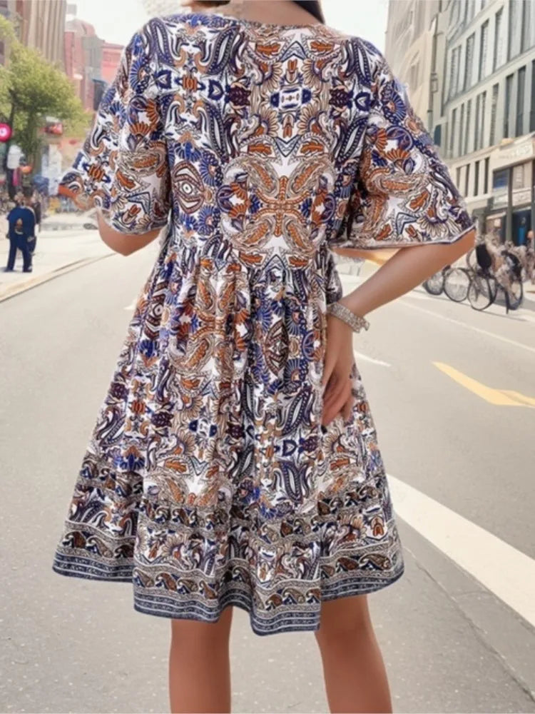 Fashion Floral Print Dress Summer Women Casual Short Sleeve V-neck A-line Loose Beach Party Holiday Dresses Female Robe Femme