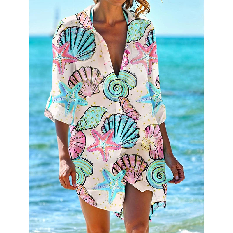 Starfish Conch Fish 3D Print Beach Blouses Women Long Sleeve Mid-length Shirts Buttons Blusas Pocket Tops Blouse Woman Clothing