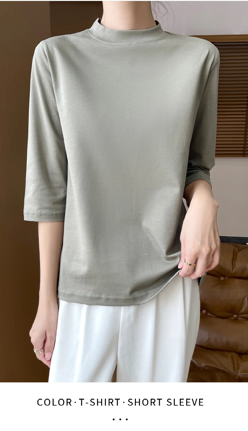 Summer And Autumn New 100% Cotton T-shirt Women's Semi-High-Necked Cropped Sleeves Loose Solid Color Bottoming Top