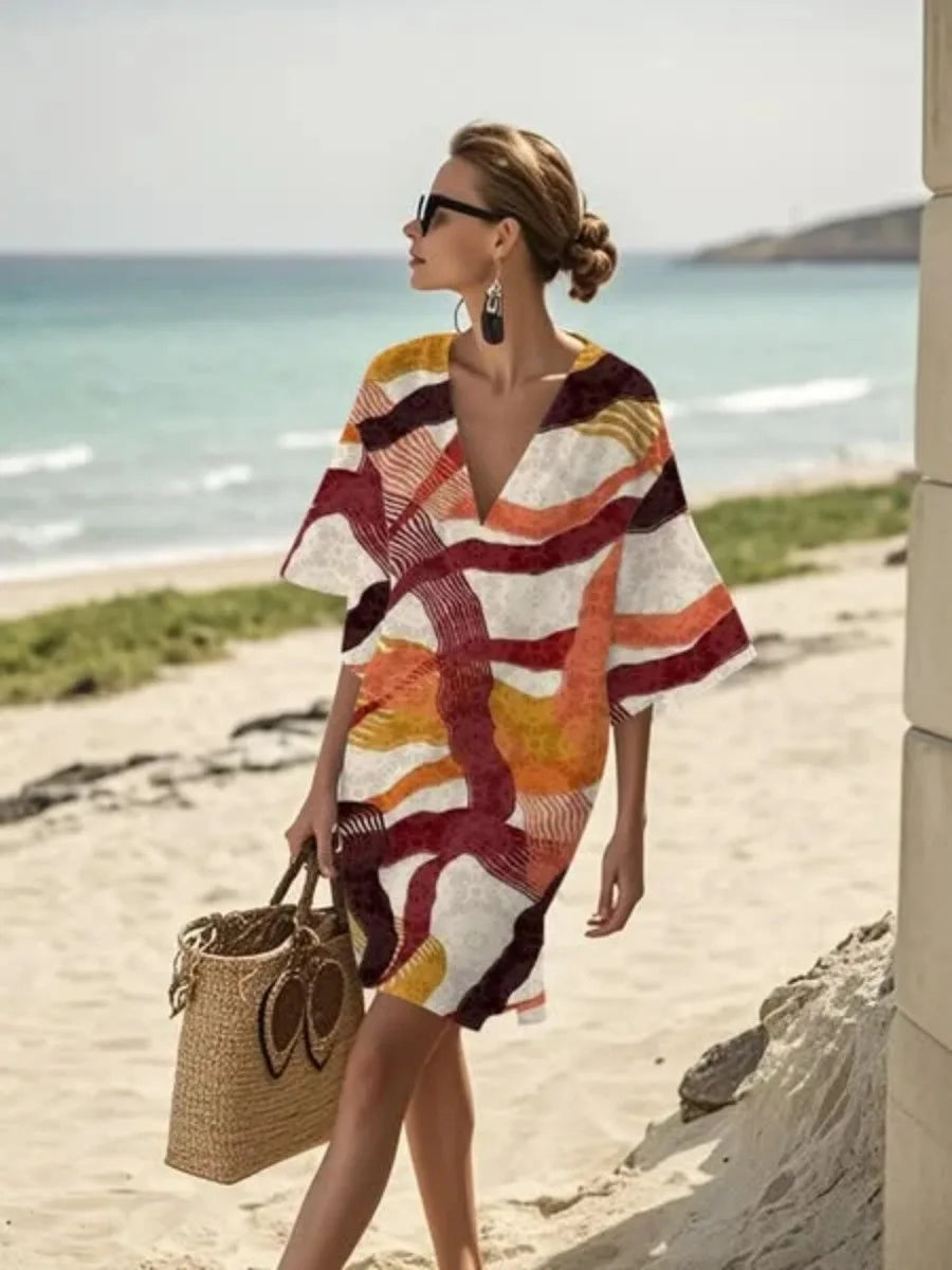 Elegant Fashion V-neck Vintage Casual loose Beach Dresses 2025 Elbow Sleeve Basic Bohemian Dress Vacation Women's Streetwear