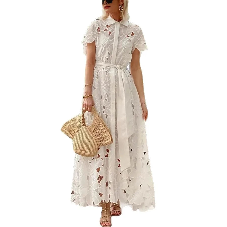 Summer Casual Solid Color Holiday Dresses Summer Women's Tie Up Lace Dress Sexy Hollow Short Sleeved Single Breasted Long Dress