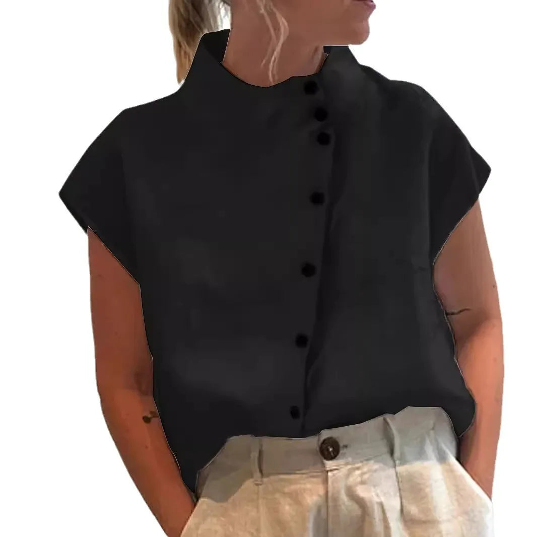 Summer Cotton Short Sleeve Blouse Women 2025 Fashion Button Stand Collar Loose Shirts And Blouses Tops Casual