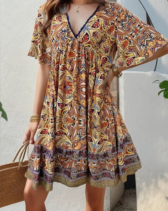 Fashion Floral Print Dress Summer Women Casual Short Sleeve V-neck A-line Loose Beach Party Holiday Dresses Female Robe Femme