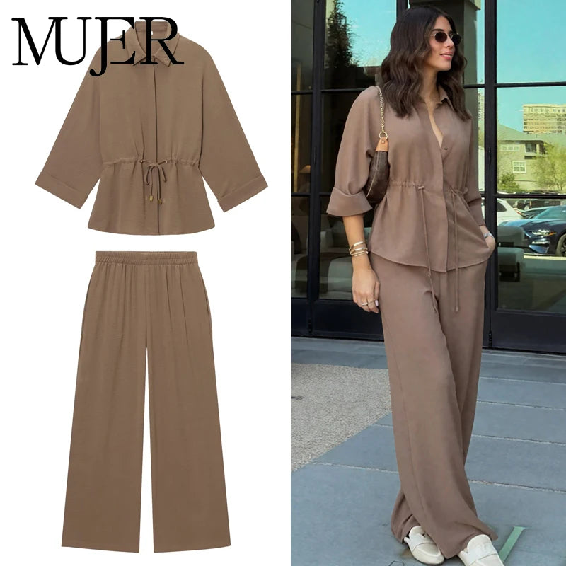 MUJER 2025 Women's Pants Sets High Waist Baggy Pants Sets for Women 2 Pieces Summer Casual Woman Outfit Long Sleeve Shirts Woman