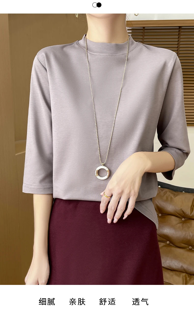 Summer And Autumn New 100% Cotton T-shirt Women's Semi-High-Necked Cropped Sleeves Loose Solid Color Bottoming Top