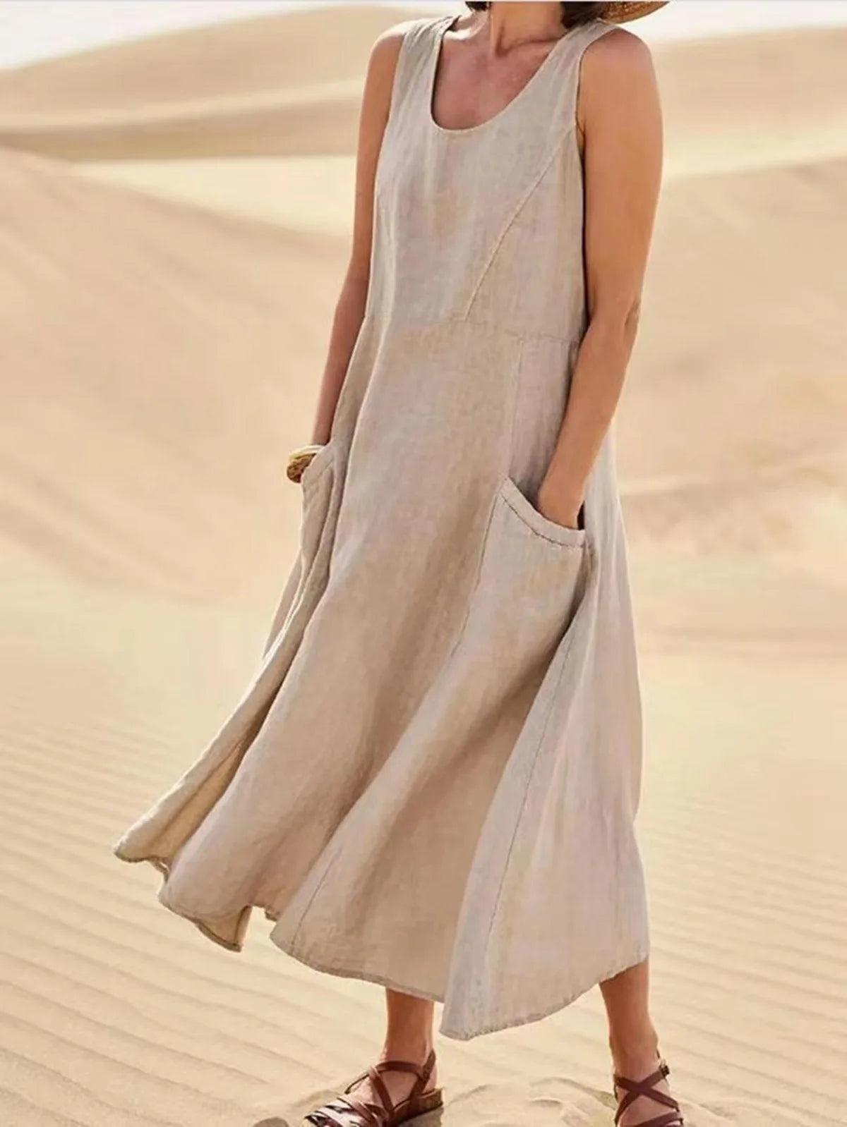 Cotton Linen Sleeveless Dress for Women Summer Pullover Skirt Vestidos Fashion Female Clothing Short Sleeved Loose Long Dressess