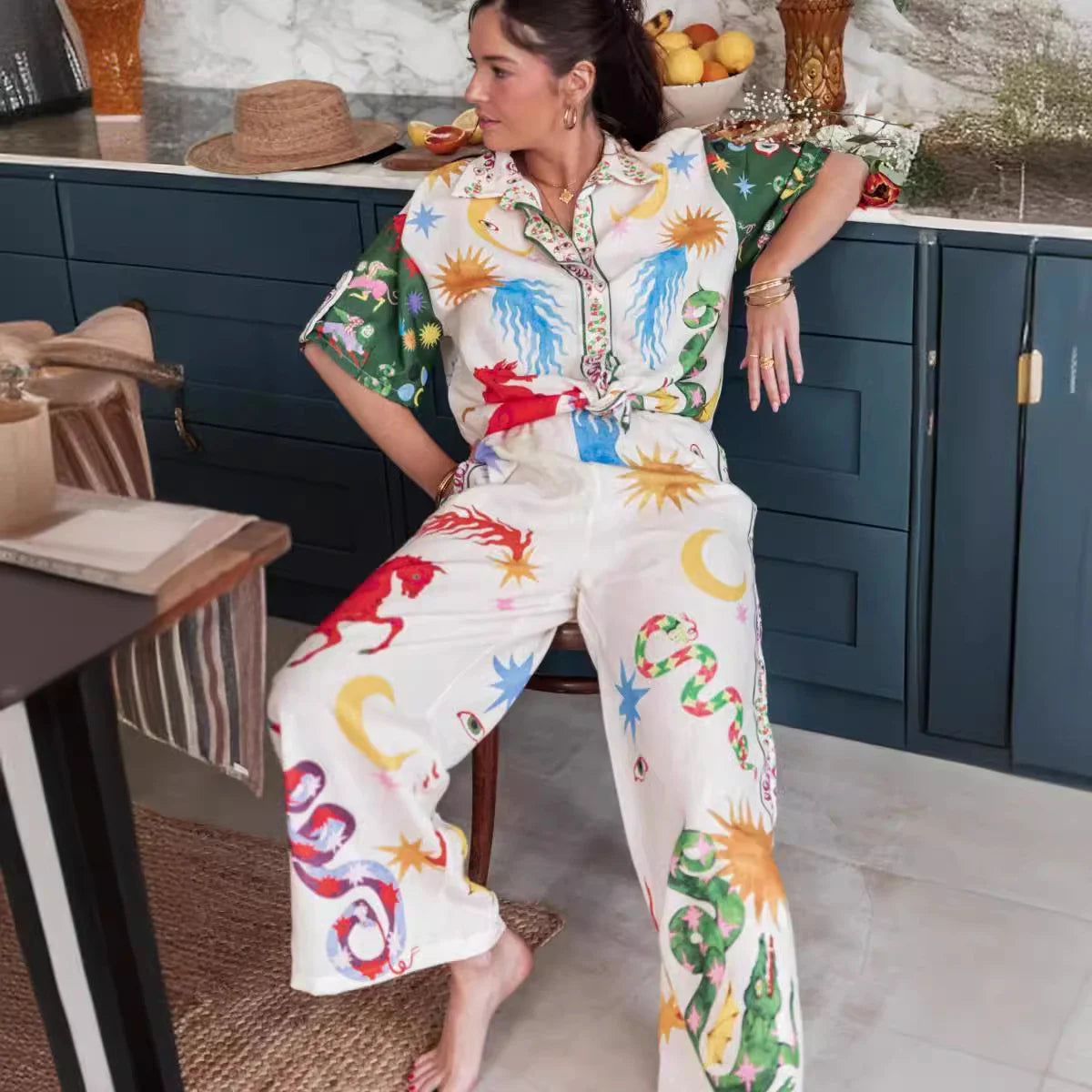 Conjunto Feminino de Camisa e Calça Estampa Digital - Sharon Stone