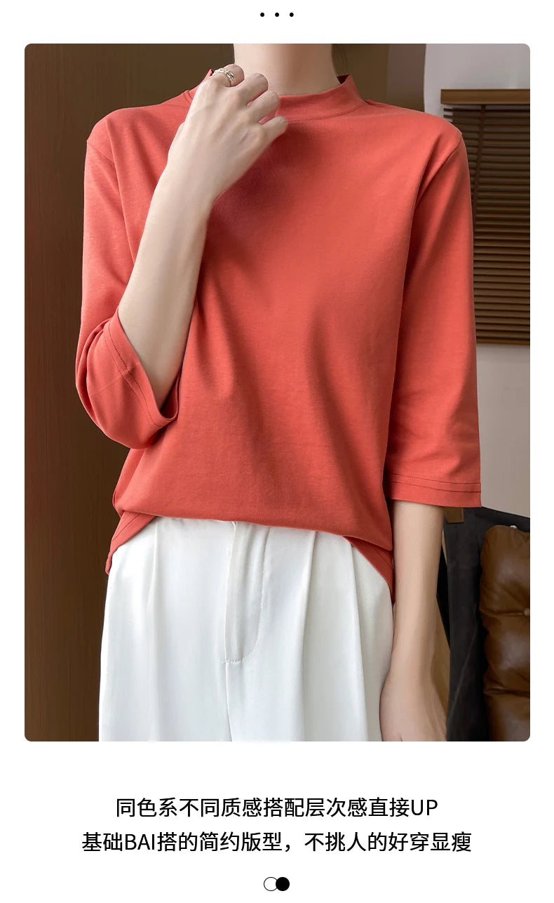 Summer And Autumn New 100% Cotton T-shirt Women's Semi-High-Necked Cropped Sleeves Loose Solid Color Bottoming Top