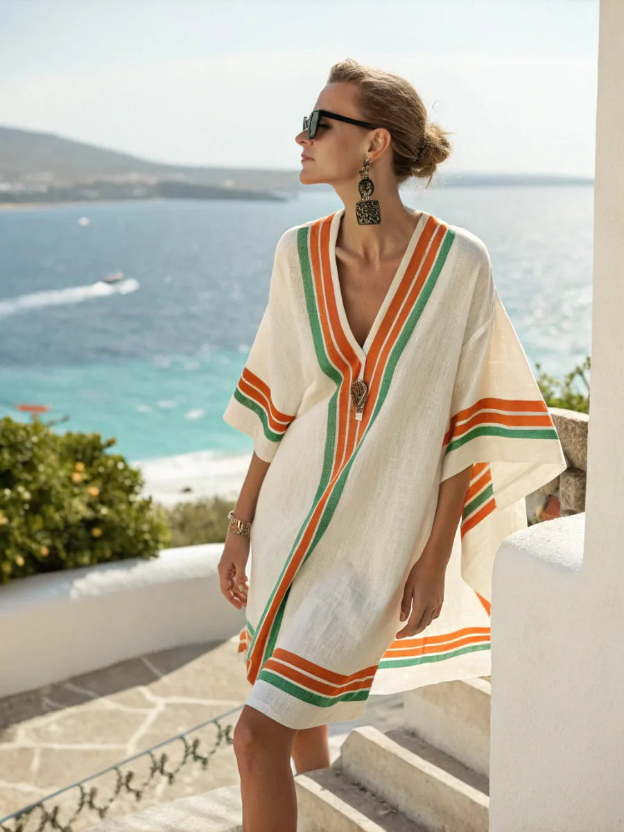 Elegant Fashion V-neck Vintage Casual loose Beach Dresses 2025 Elbow Sleeve Basic Bohemian Dress Vacation Women's Streetwear