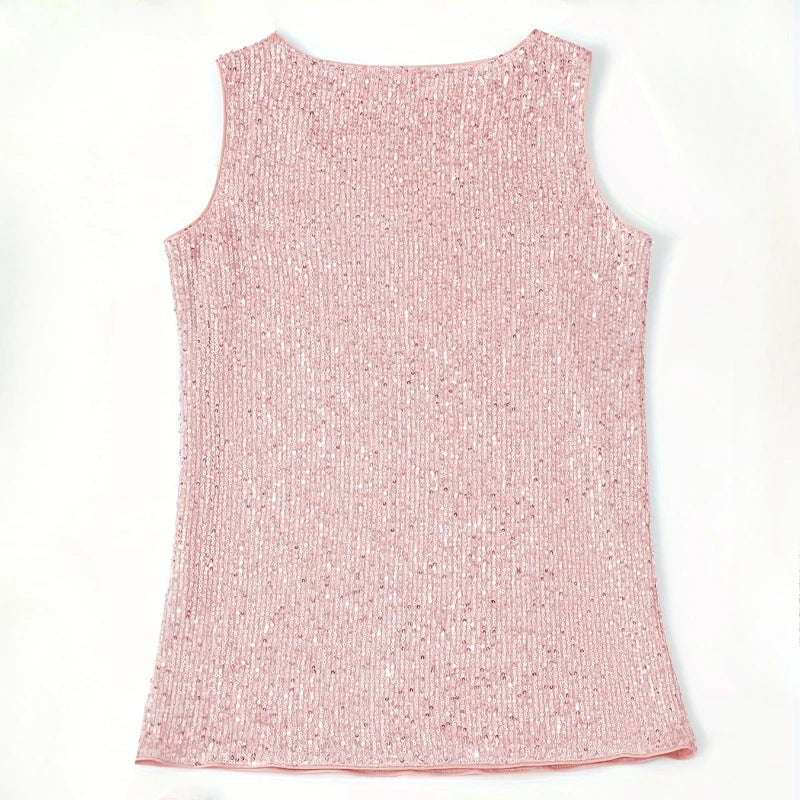 Women‘s Summer Fashion Deep V Neck Sequined Tank Top Stylish Sleeveless Polyester Top Sparkly Club Party Vest Blouses