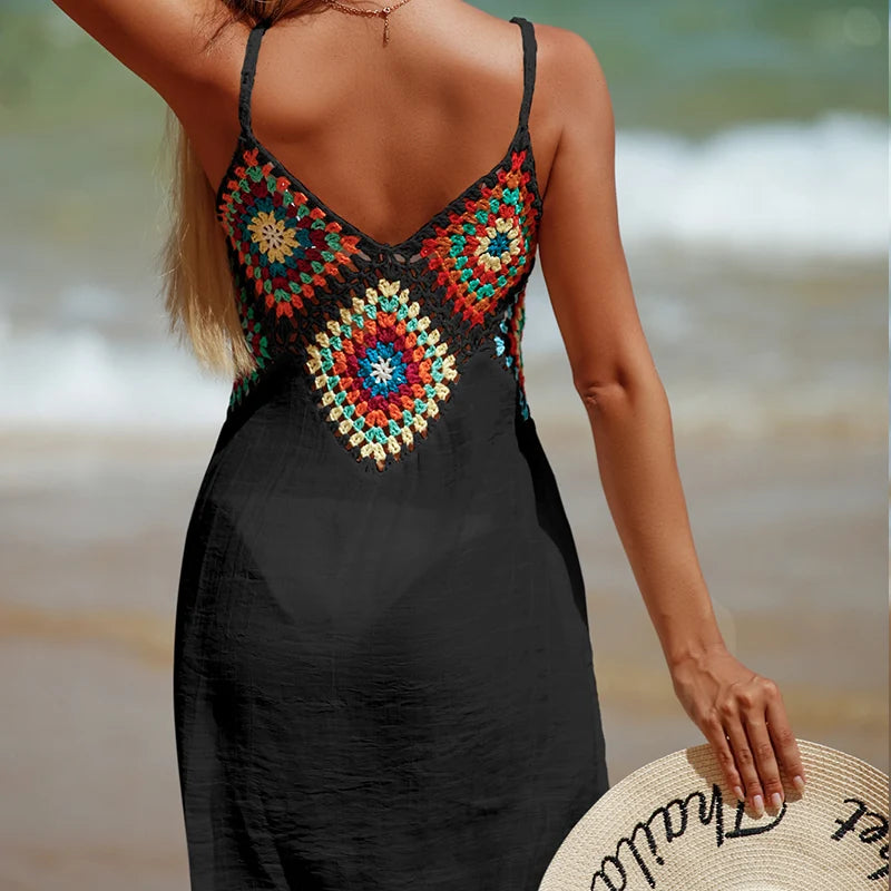 Crochet Knitted Splicing Colorful Pattern V Neck Tunic Beach Wear Hollow Bikini Cover Up Dress Beach Wear Sarong Swimsuit