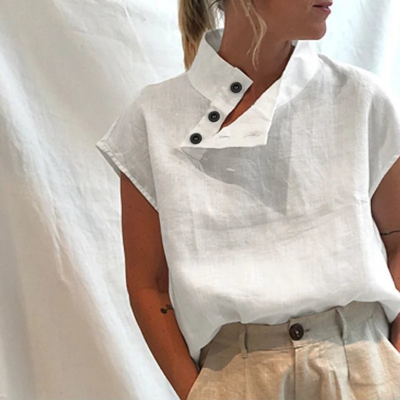 Stand Collar Cotton Linen Women Blouses Summer Short Sleeve Shirt Fashion Casual Loose Office Lady Tops