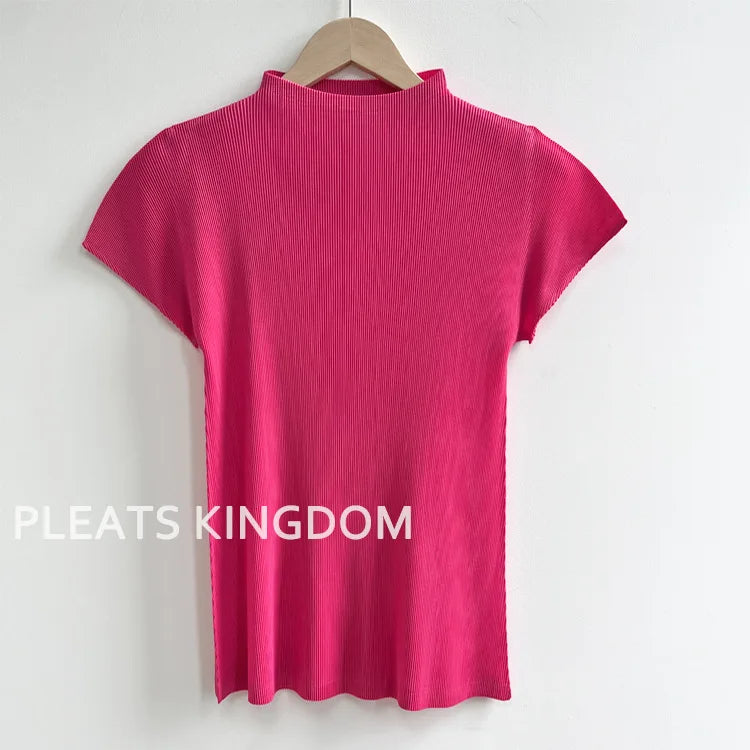 YUDX Pleated Half High Neck Profile Black T-shirts Women 2024 Summer Korean Fashion Causal Tops Designer Aesthetic Clothing