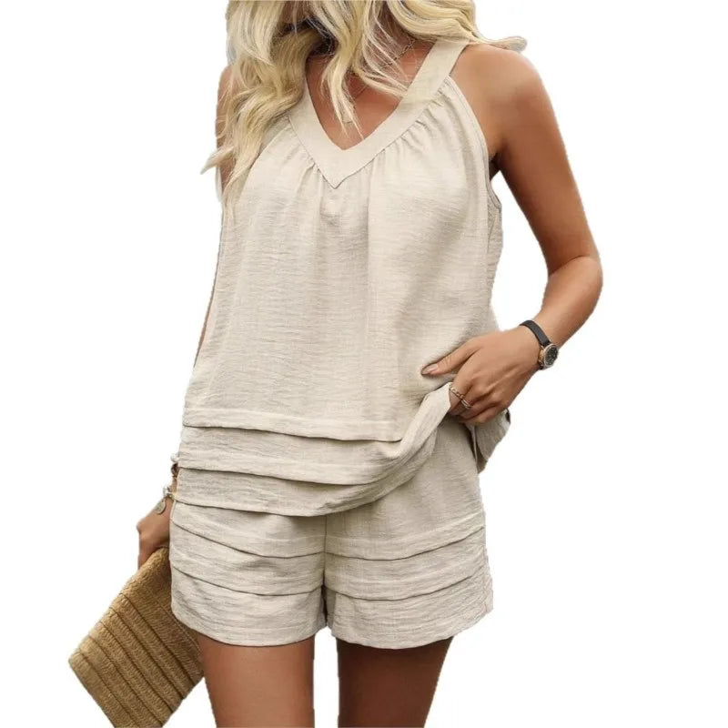 Female Fashionable Sleeveless V-Neck Pullover Top+Shorts 2025 Summer Casual Loose Comfortable Women Home Clothes Two-Piece Set