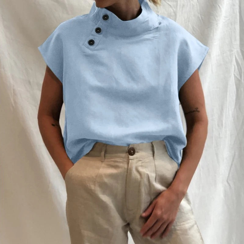 Stand Collar Cotton Linen Women Blouses Summer Short Sleeve Shirt Fashion Casual Loose Office Lady Tops