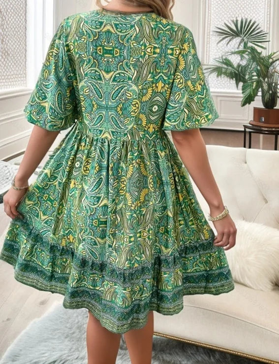 Fashion Floral Print Dress Summer Women Casual Short Sleeve V-neck A-line Loose Beach Party Holiday Dresses Female Robe Femme