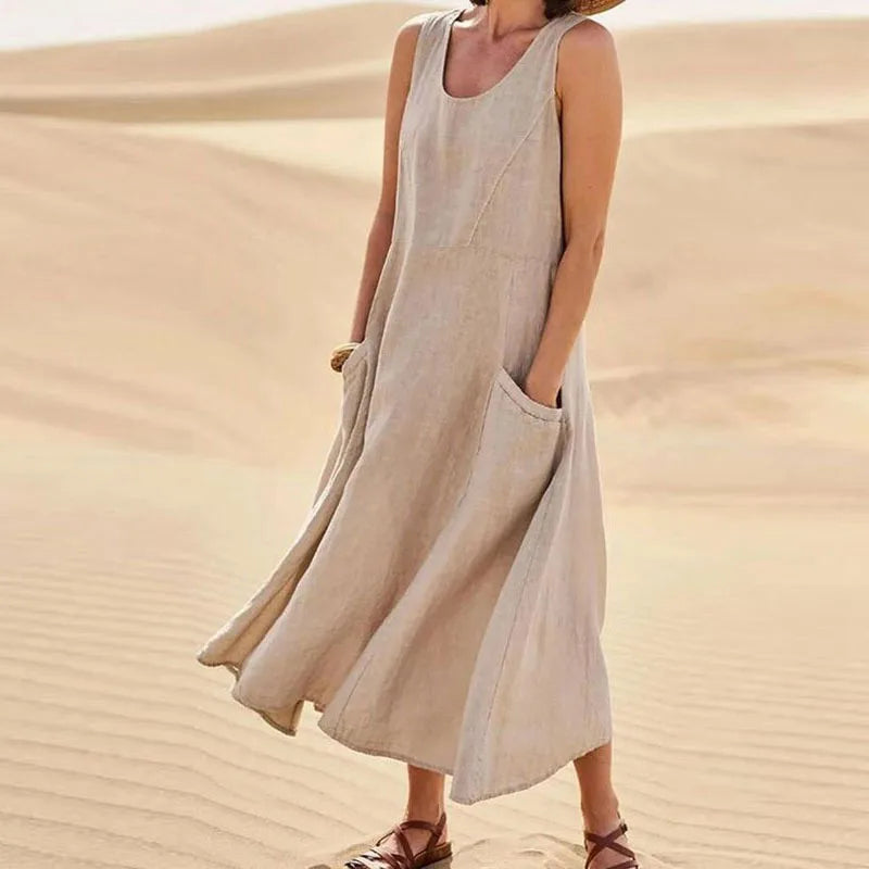 Cotton Linen Sleeveless Dress for Women Summer Pullover Skirt Vestidos Fashion Female Clothing Short Sleeved Loose Long Dressess