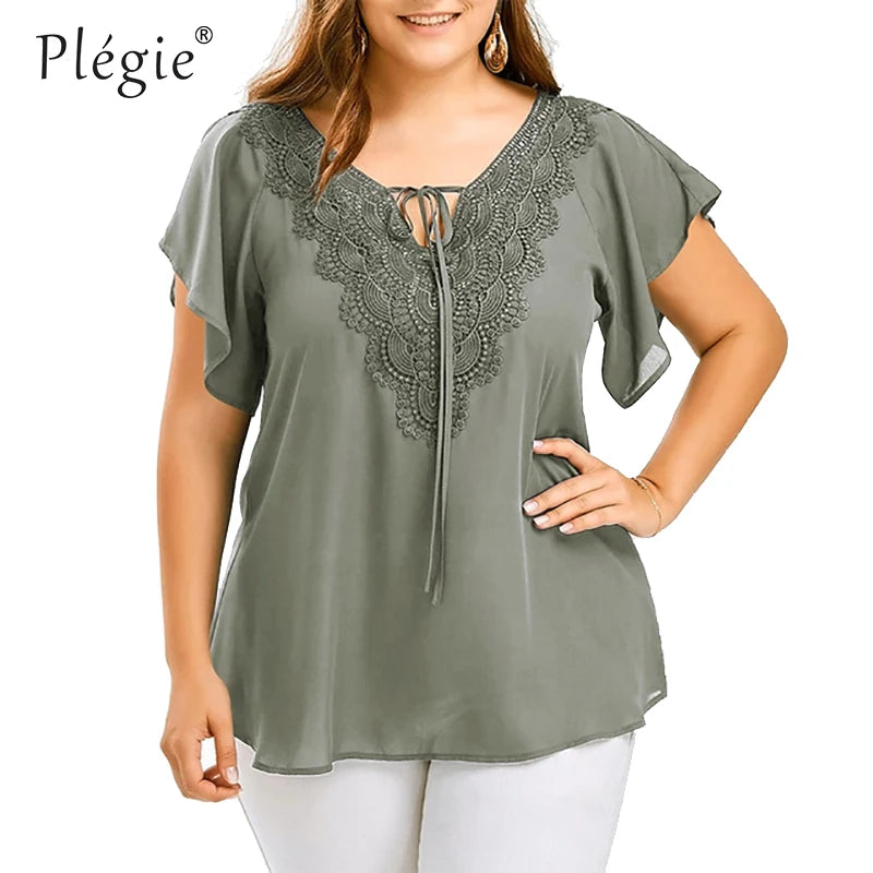 Plegie Large Size Lace Patchwork Shirt Womens Tops and Blouses Short Sleeve Big Size Blusas Femininas Blusas Mujer De Moda 2022
