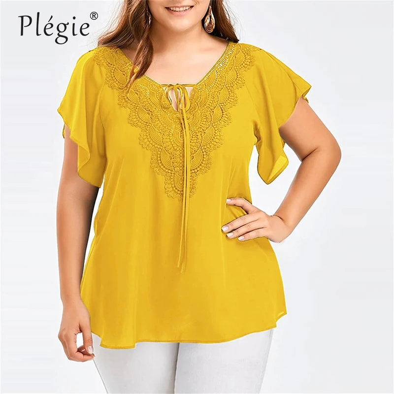 Plegie Large Size Lace Patchwork Shirt Womens Tops and Blouses Short Sleeve Big Size Blusas Femininas Blusas Mujer De Moda 2022