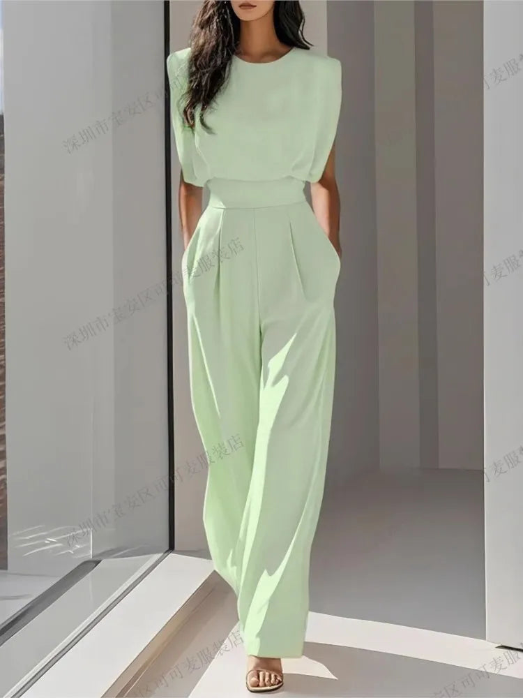 Elegant High Waisted Jumpsuit New Women's Fashion Queen Style Summer Solid Color Waistband Pocket Office Capable Jumpsuit