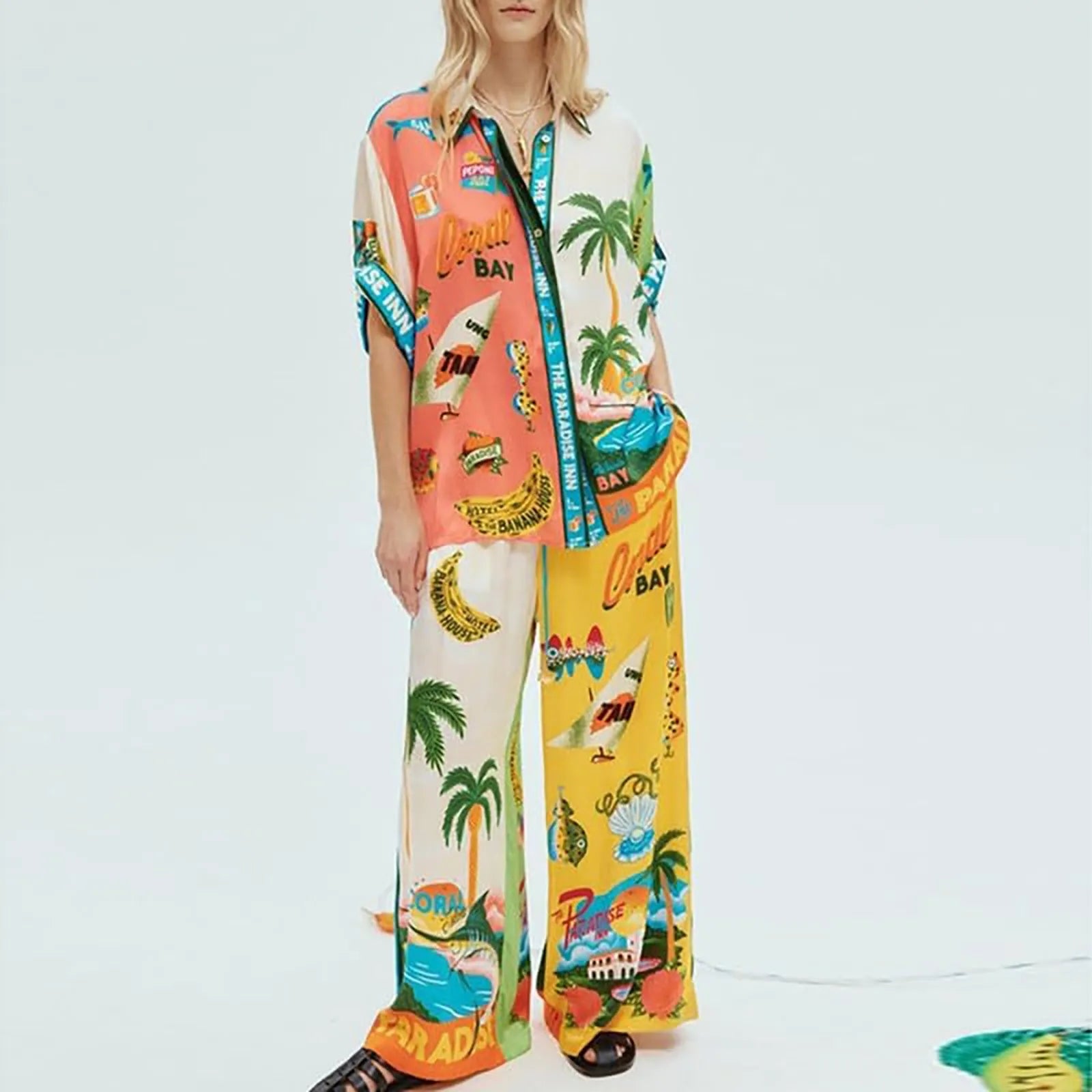 Conjunto Feminino Estampa Digital Calça estilo Pijama Camisa de Manga Curta - Florence Pugh