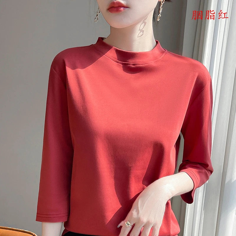 Summer And Autumn New 100% Cotton T-shirt Women's Semi-High-Necked Cropped Sleeves Loose Solid Color Bottoming Top