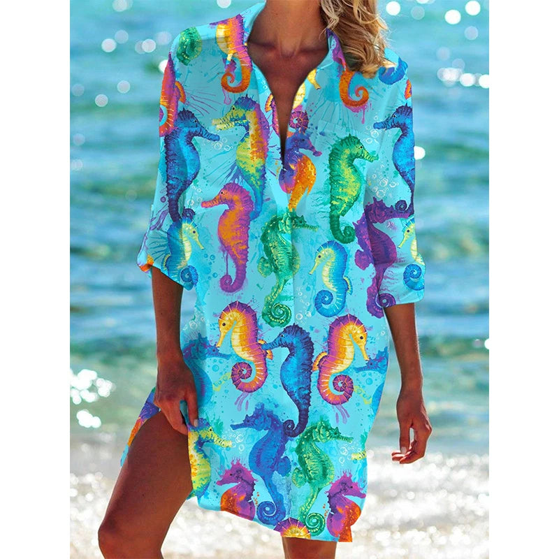 Starfish Conch Fish 3D Print Beach Blouses Women Long Sleeve Mid-length Shirts Buttons Blusas Pocket Tops Blouse Woman Clothing