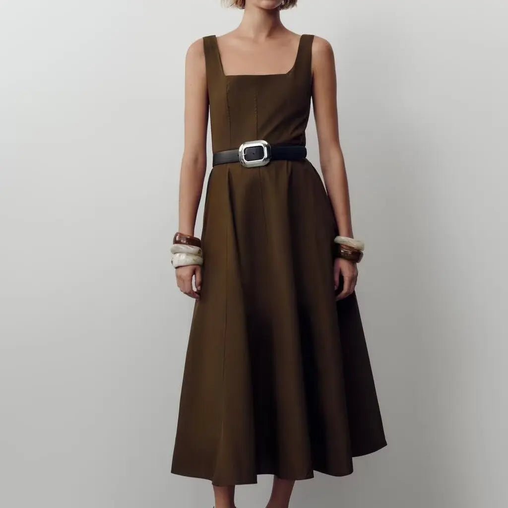 ZBZR Primavera Novo Vestido Midi F Estilo Saia Linha A Cintura Alta E Fibra de Poliéster Sem Mangas Vestido Col...