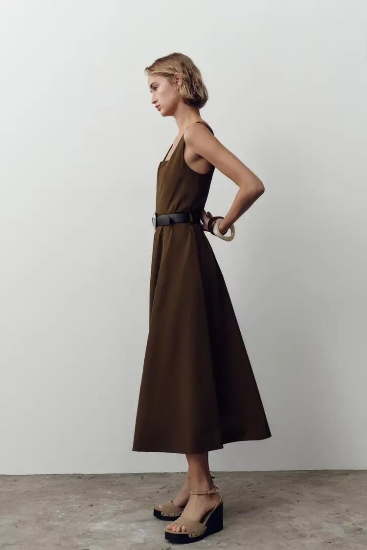 ZBZR Primavera Novo Vestido Midi F Estilo Saia Linha A Cintura Alta E Fibra de Poliéster Sem Mangas Vestido Col...