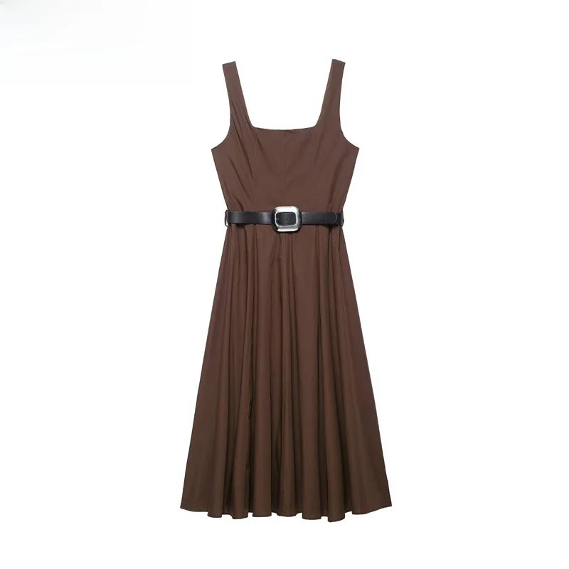 ZBZR Primavera Novo Vestido Midi F Estilo Saia Linha A Cintura Alta E Fibra de Poliéster Sem Mangas Vestido Col...