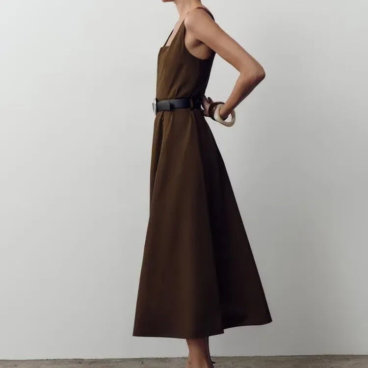 ZBZR Primavera Novo Vestido Midi F Estilo Saia Linha A Cintura Alta E Fibra de Poliéster Sem Mangas Vestido Col...