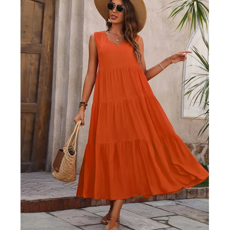 Vestido Longo Elegante com Estilo Casual Boho com Babados Regata Cores Verão 2026 - Heloísa