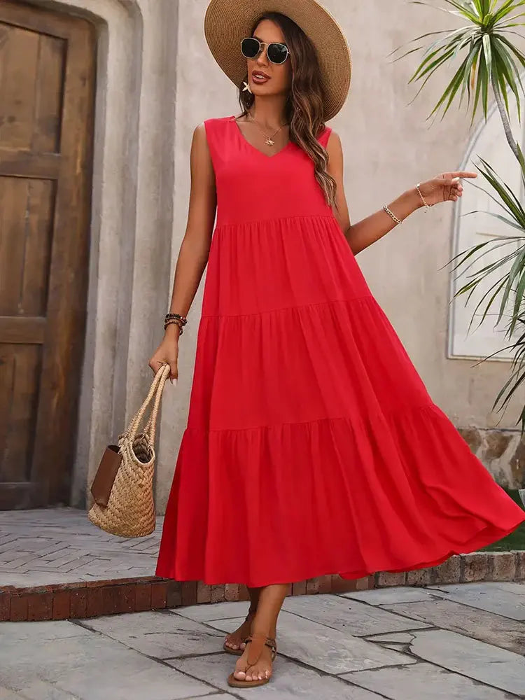 Vestido Longo Elegante com Estilo Casual Boho com Babados Regata Cores Verão 2026 - Heloísa