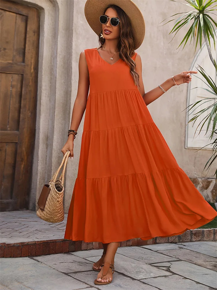 Vestido Longo Elegante com Estilo Casual Boho com Babados Regata Cores Verão 2026 - Heloísa