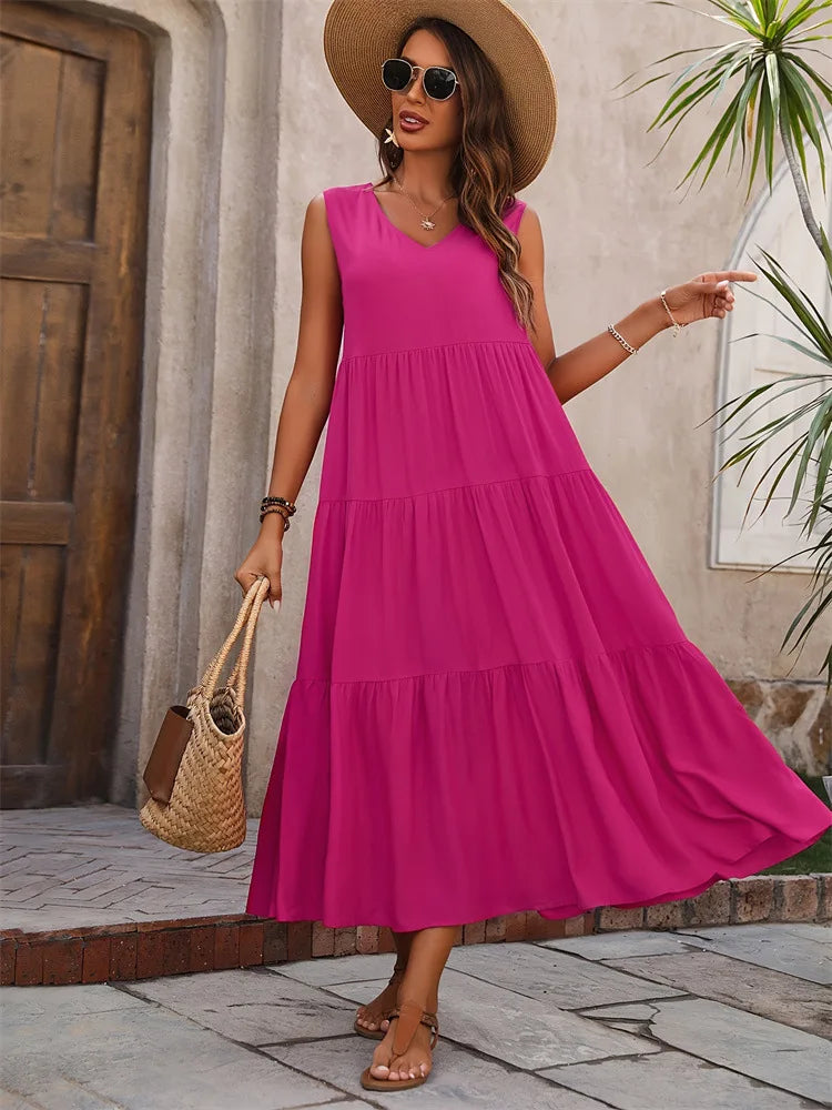 Vestido Longo Elegante com Estilo Casual Boho com Babados Regata Cores Verão 2026 - Heloísa
