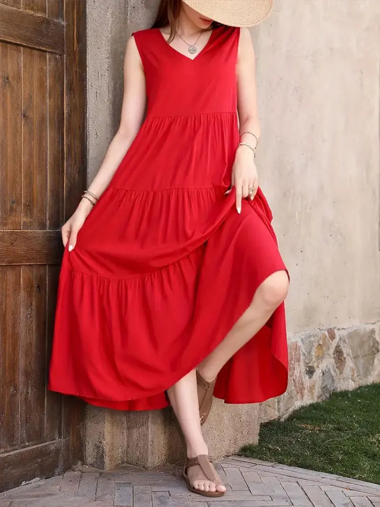 Vestido Longo Elegante com Estilo Casual Boho com Babados Regata Cores Verão 2026 - Heloísa