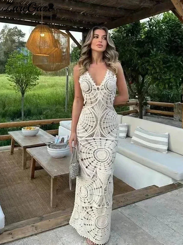 Vestido longo oco com estampa de malha feminina, elegante decote em v, vestidos sem mangas sem encosto, vestimenta de festa na praia, sexy, verão, 2024
