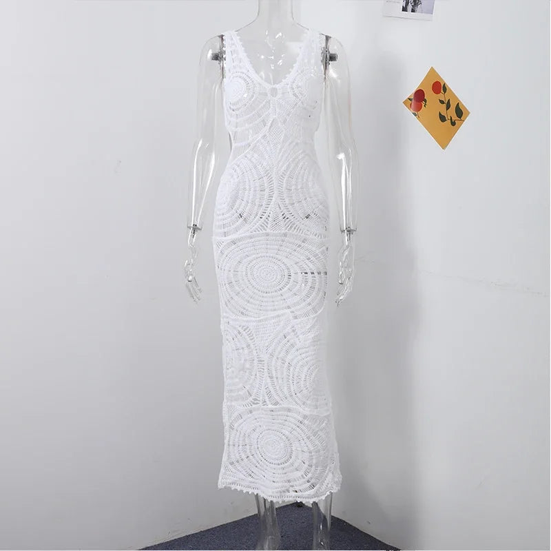 Vestido longo oco com estampa de malha feminina, elegante decote em v, vestidos sem mangas sem encosto, vestimenta de festa na praia, sexy, verão, 2024