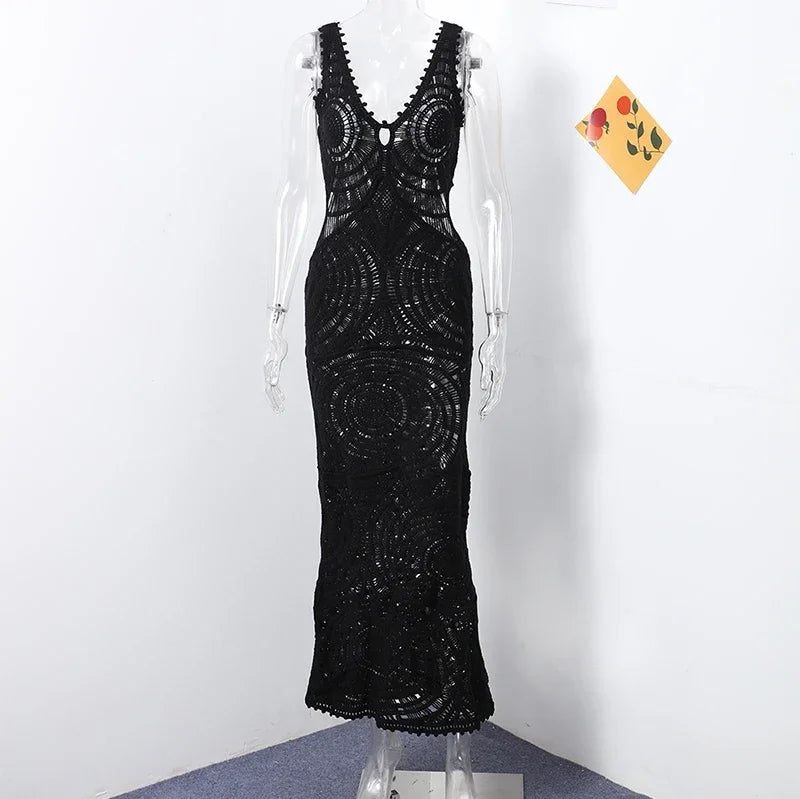 Vestido longo oco com estampa de malha feminina, elegante decote em v, vestidos sem mangas sem encosto, vestimenta de festa na praia, sexy, verão, 2024