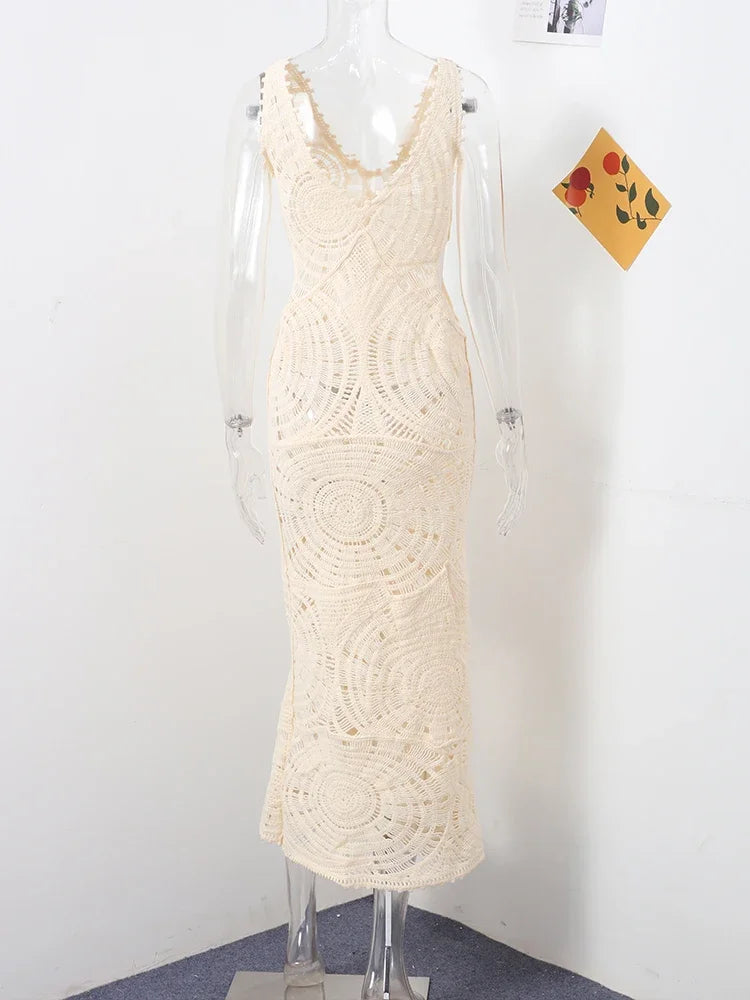 Vestido longo oco com estampa de malha feminina, elegante decote em v, vestidos sem mangas sem encosto, vestimenta de festa na praia, sexy, verão, 2024